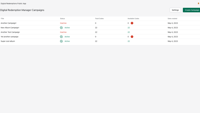 Page d'index de l'application Digital Redemptions