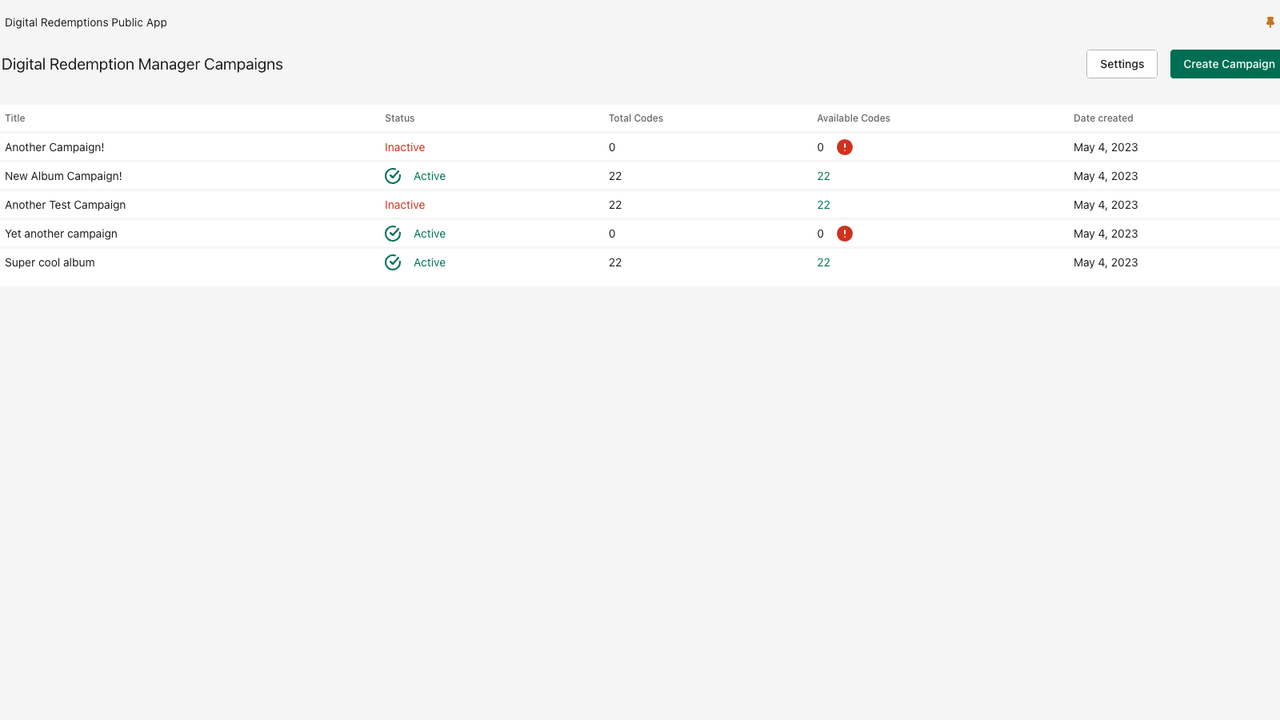 Digital Redemptions App Index Seite