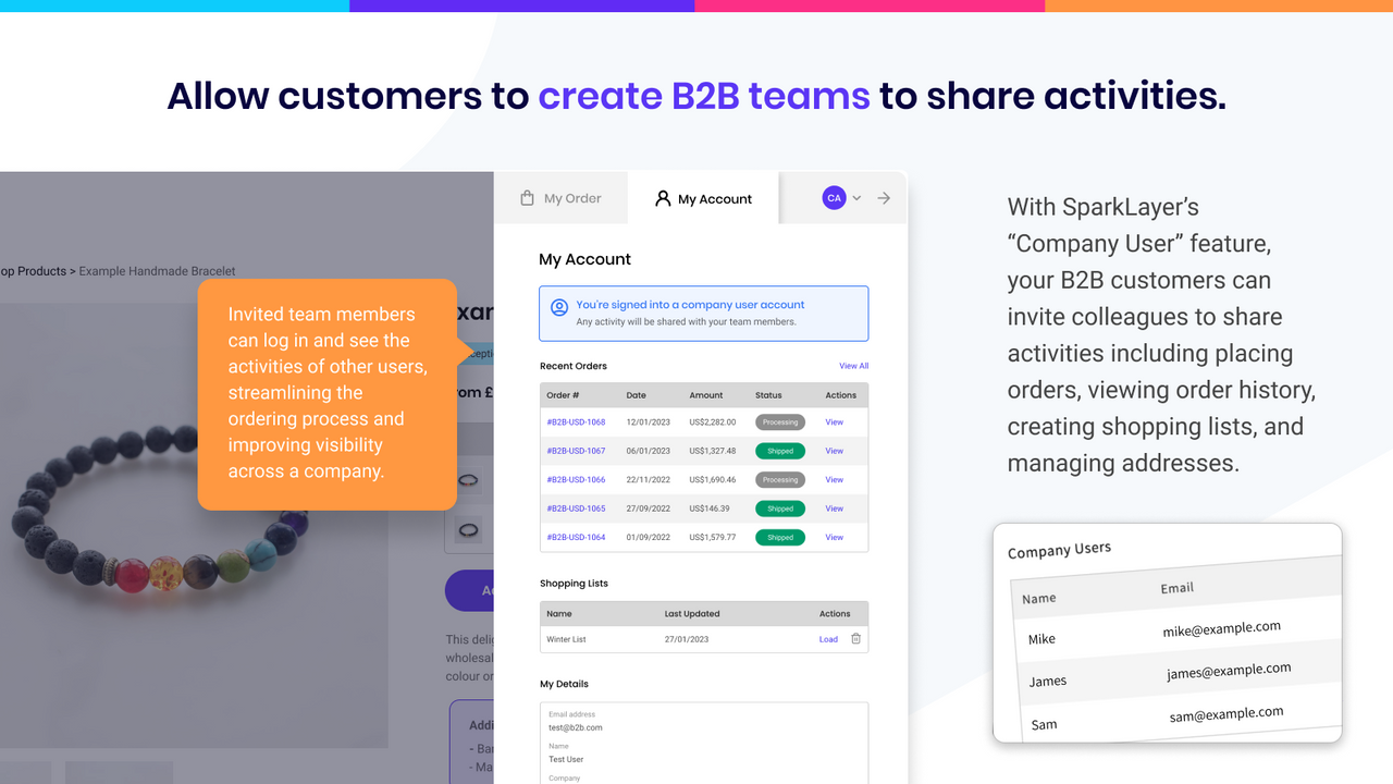 Allow customers to create B2B teams to share activities.