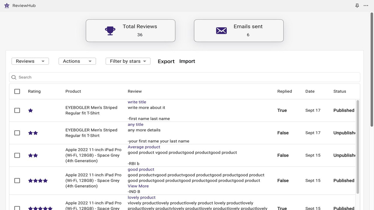 Painel de avaliações de produtos do ReviewHub