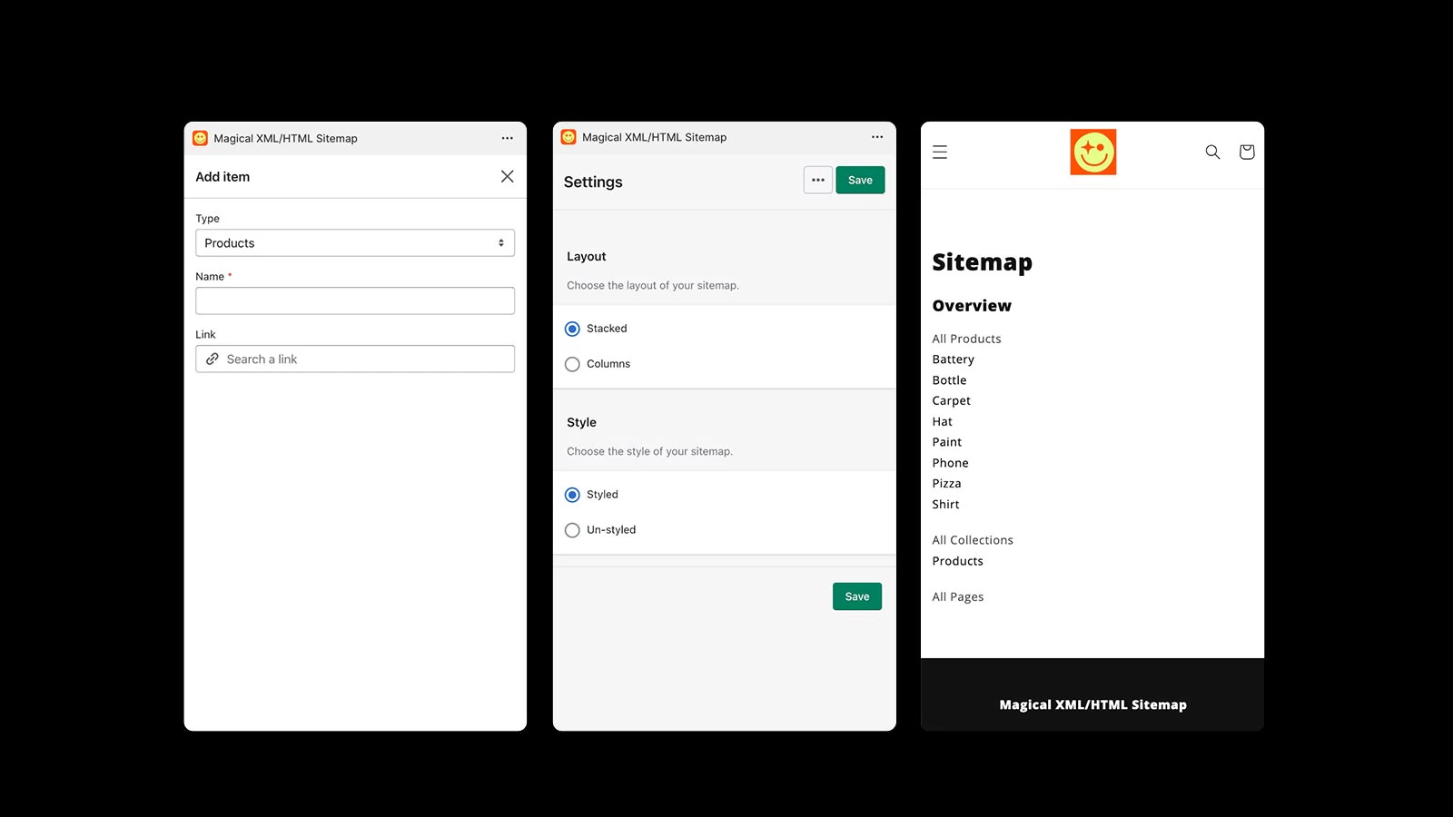 Mobile skærmbilleder af HTML sitemap builder og front-end