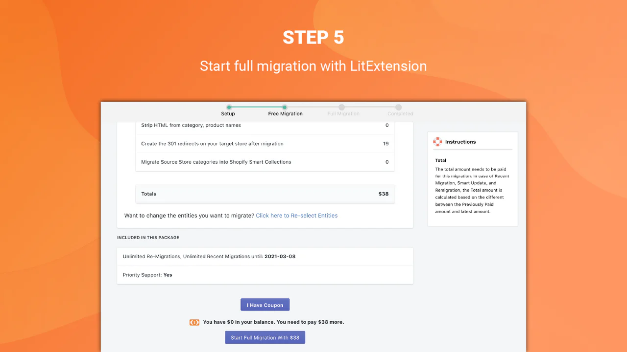 migration complète de l'application de migration de boutique litextension, importation de produits