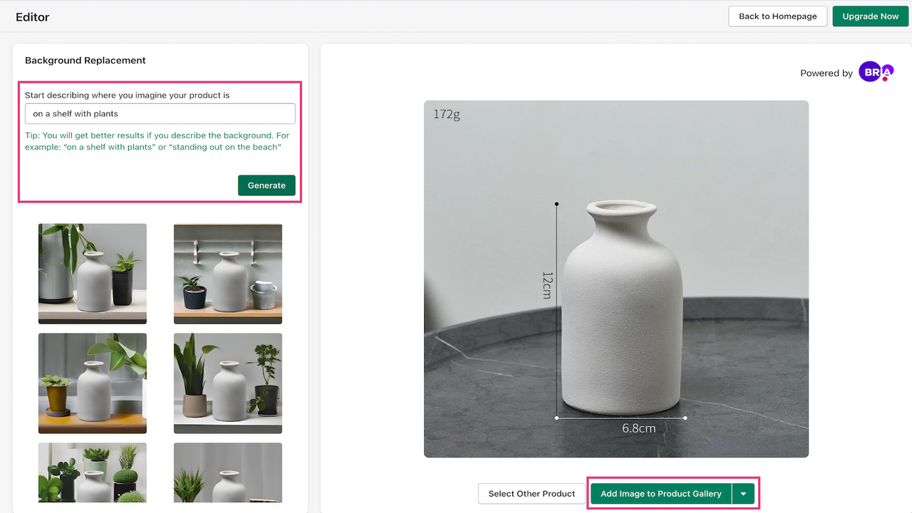 Write prompt> Generate> Select Image to make your Product shine!