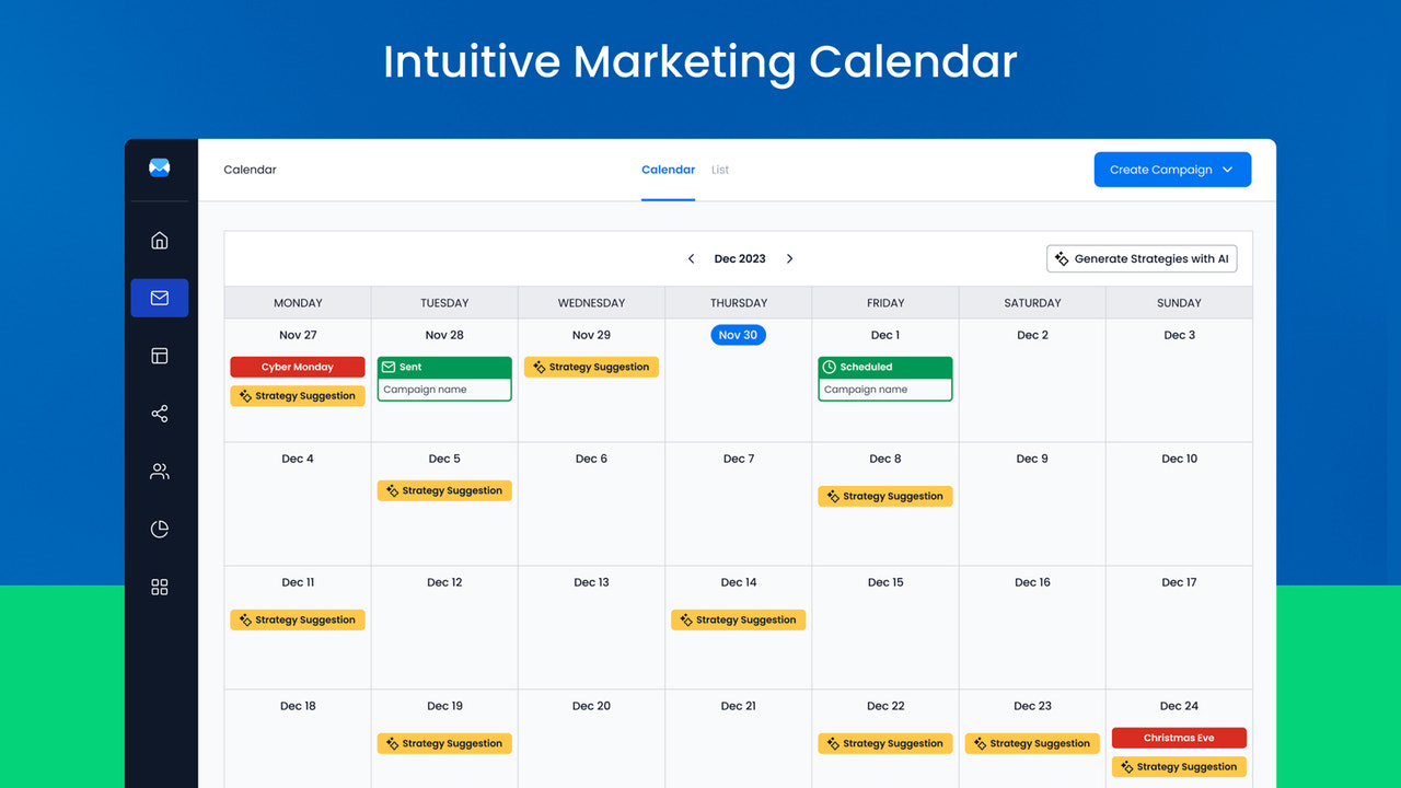 Calendário intuitivo para gerenciar todas as suas campanhas de marketing por e-mail