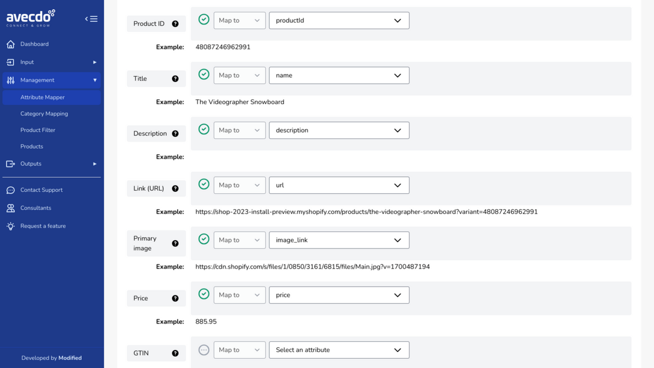 Mapper les attributs des produits aux champs