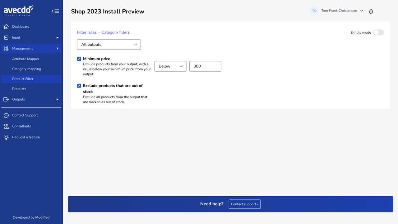 Easily filter products AWAY from outputs