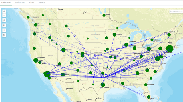 Paths indicating order routes over the map of United States