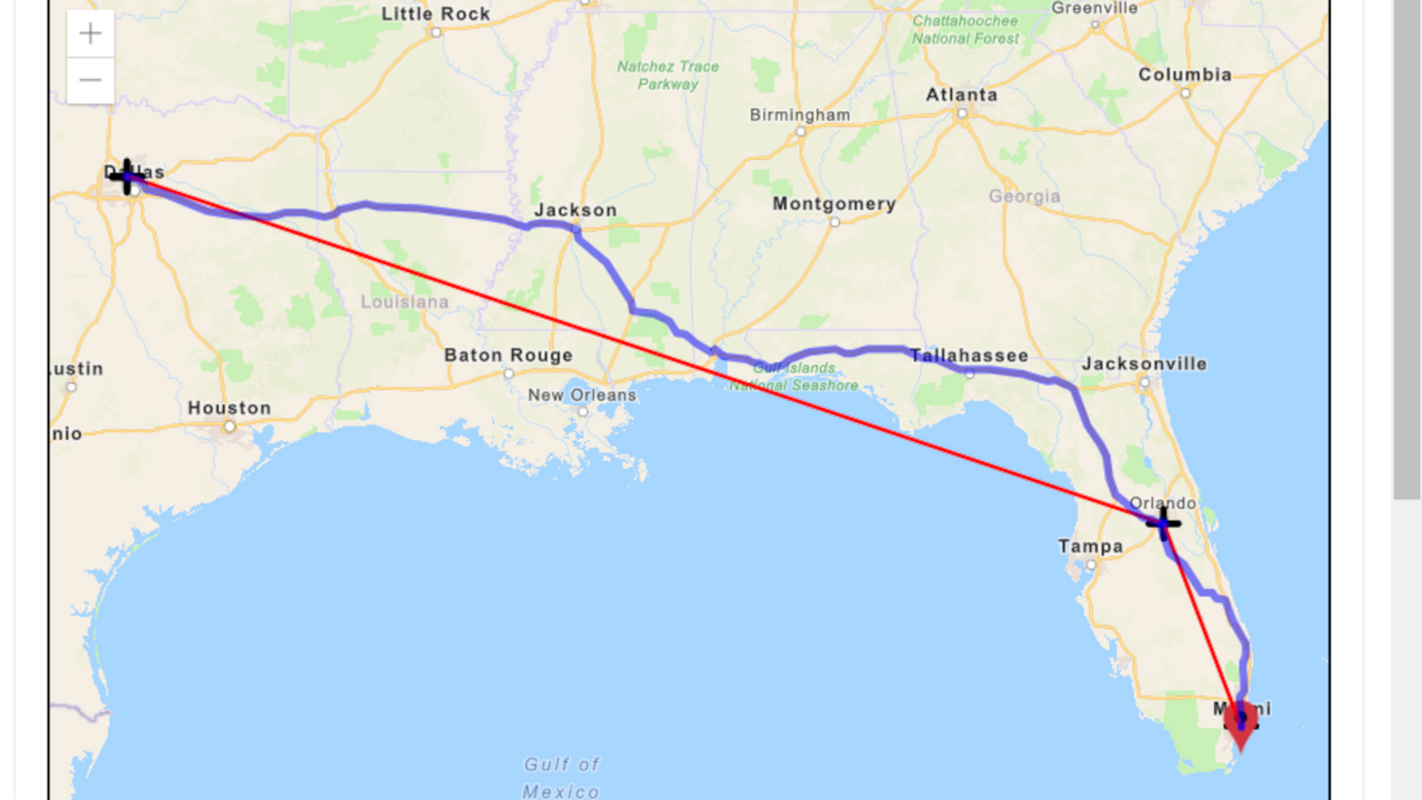 Mapa de rota detalhado de Dallas a Miami