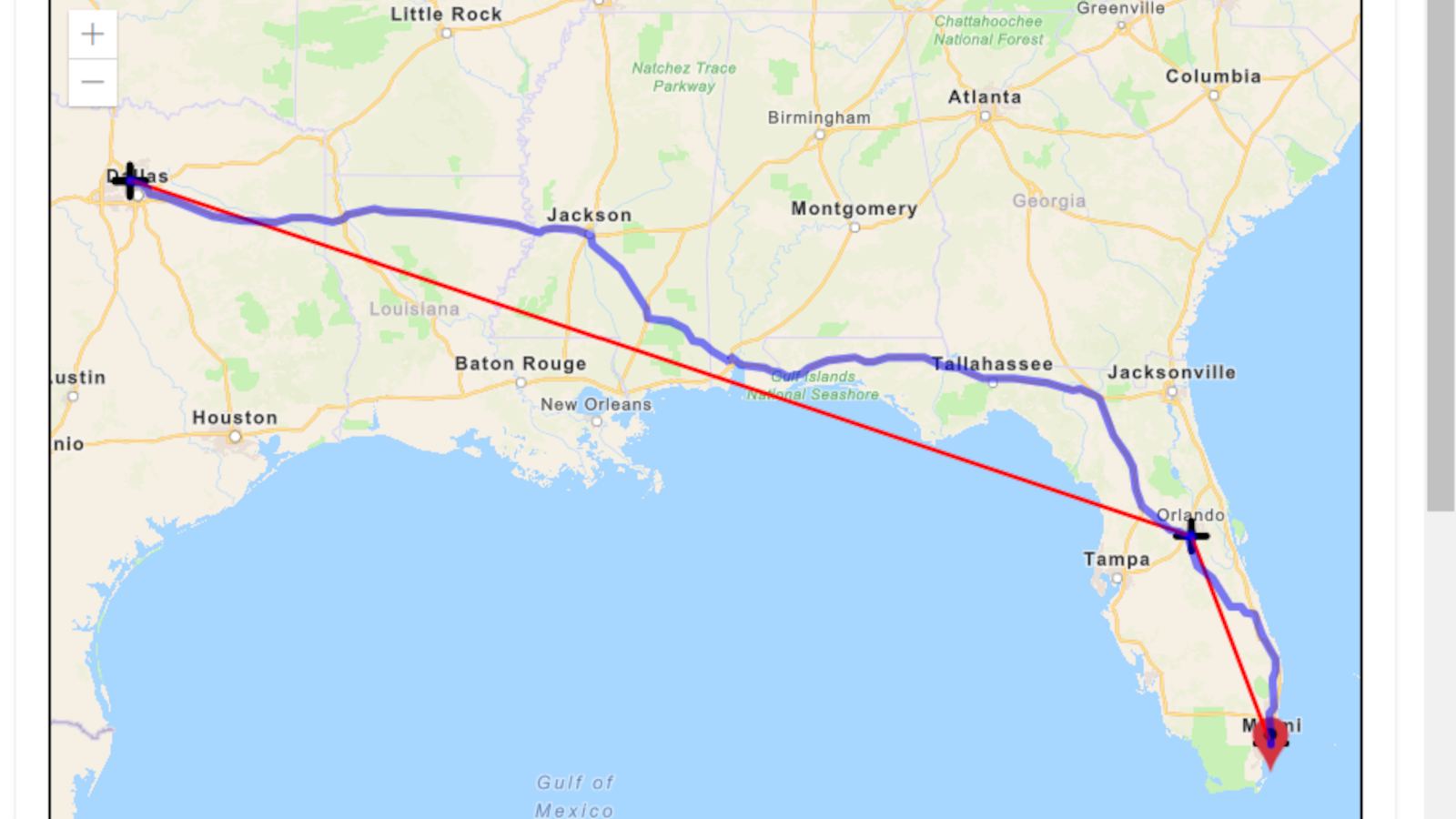 Mapa de rota detalhado de Dallas a Miami