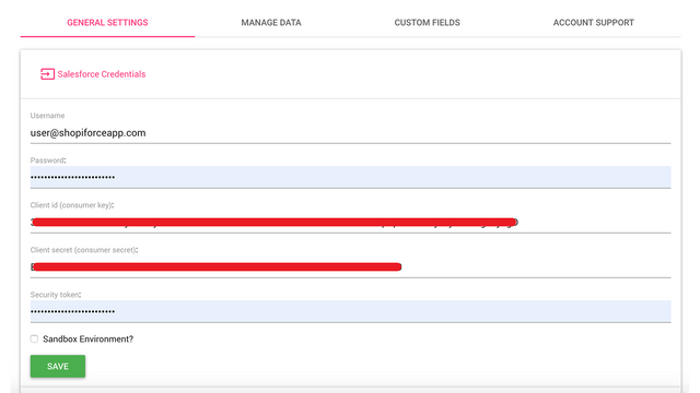 Section des identifiants Salesforce