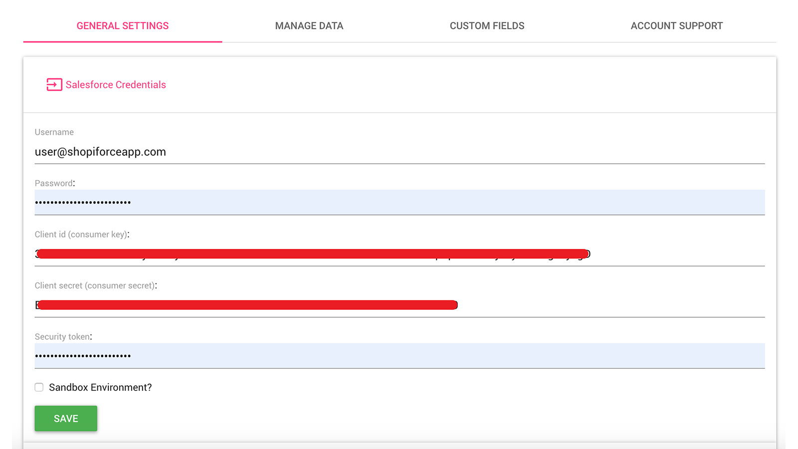 Sección de credenciales de Salesforce