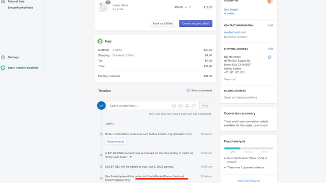 Shopify dashboard viser ordre fra Emadri-markedet