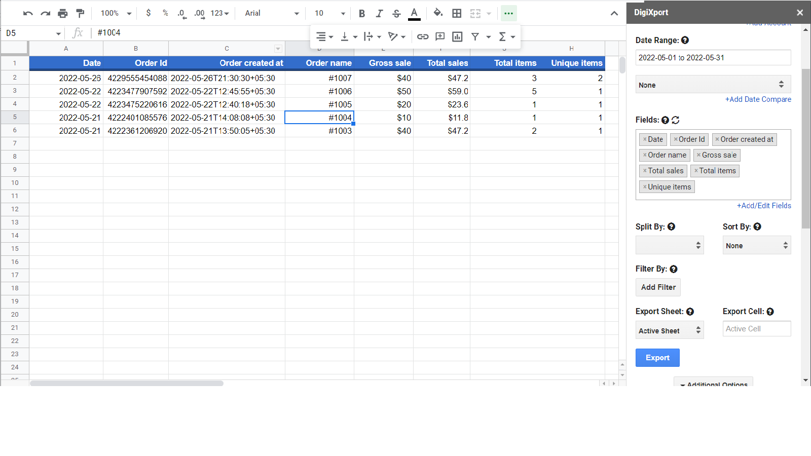 Datos de Shopify en Google Sheets