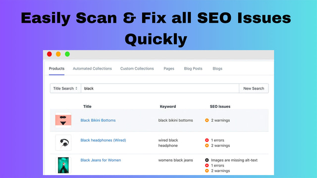 Ferramenta de scanner de aplicativo seo shopify problemas de seo dados estruturados json-ld