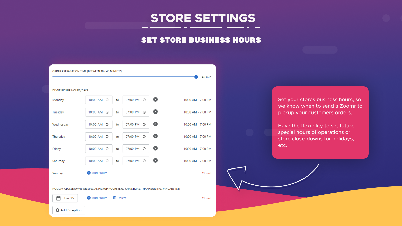 Store Settings - Hours of Operations