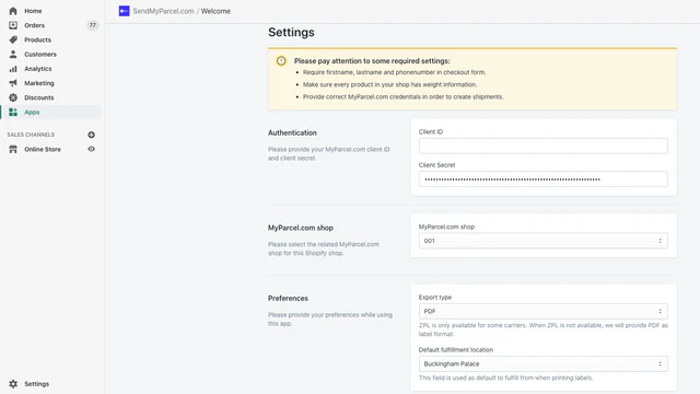 Página de configuración de la aplicación con credenciales añadidas