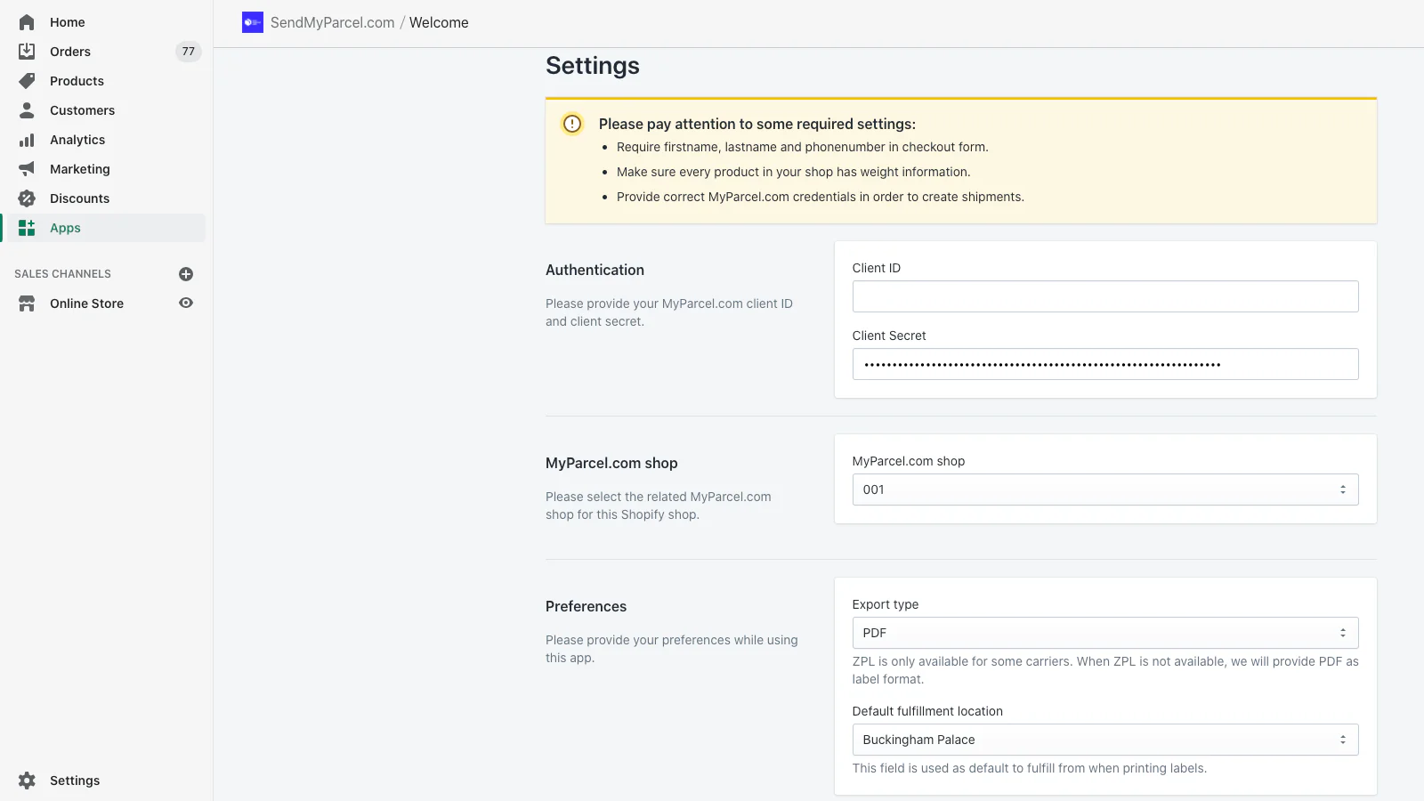 Página de configuración de la aplicación con credenciales añadidas