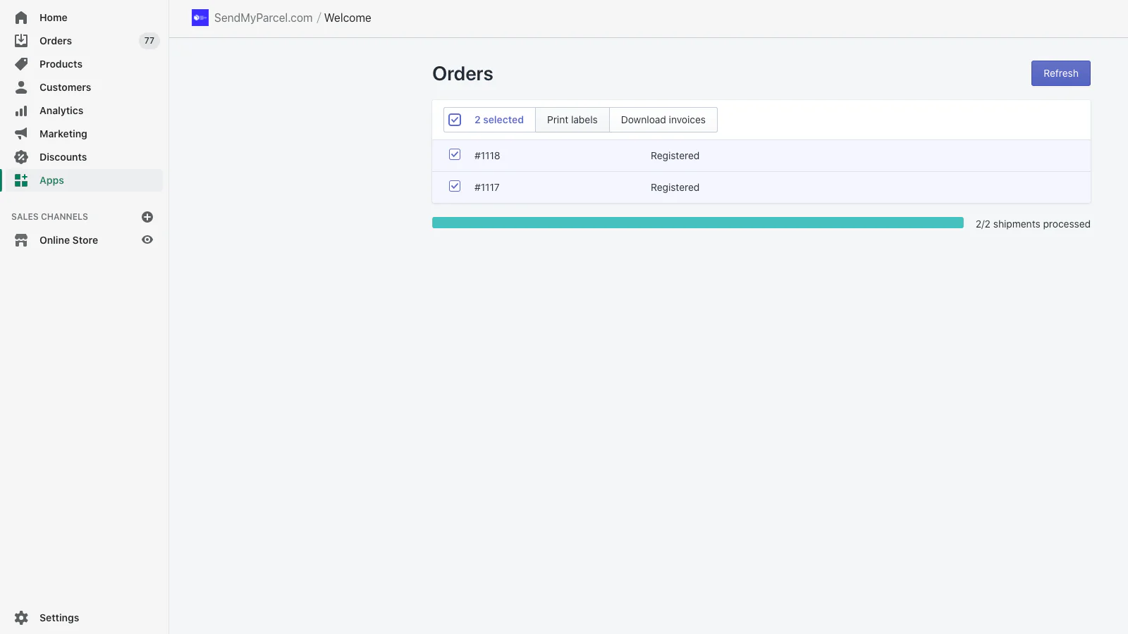 Remessas registradas, prontas para as etiquetas serem impressas