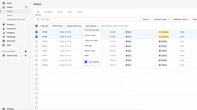 Orders overview with print labels via SMP