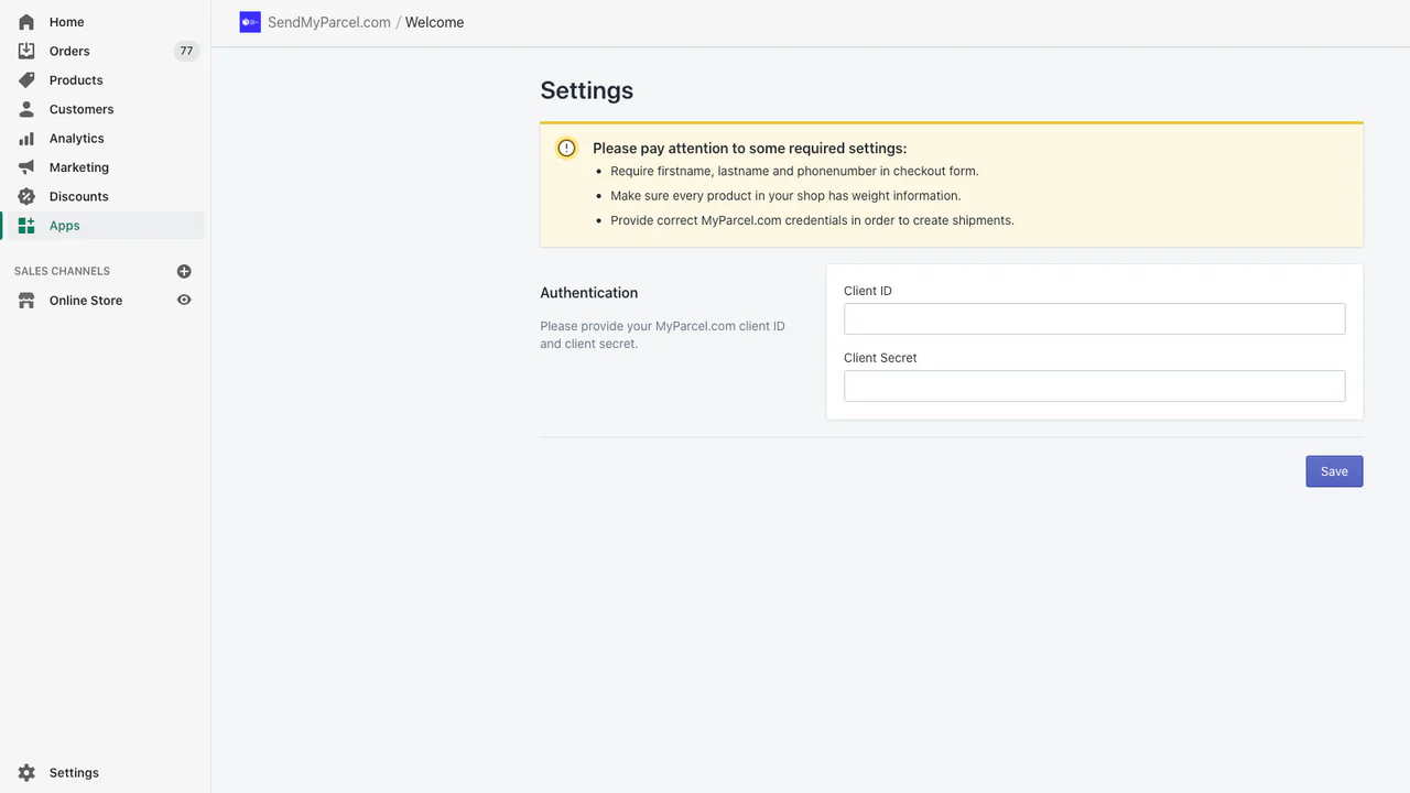 Página de configuración de la aplicación