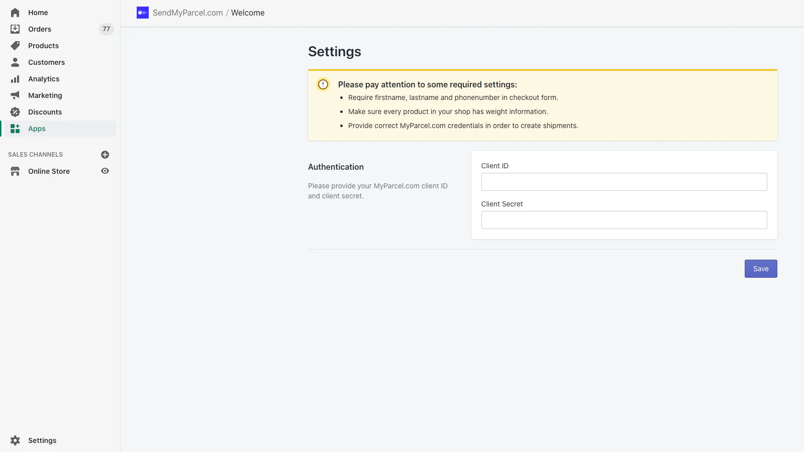 Página de configuración de la aplicación