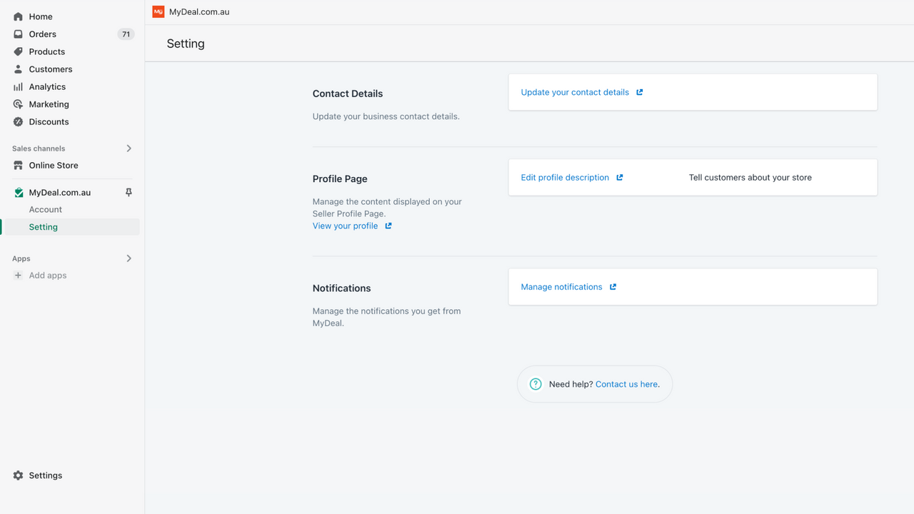 Página de configuración - proporciona enlaces para actualizar tus configuraciones de MyDeal