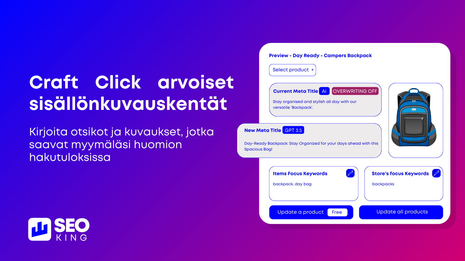 Craft Click arvoiset sisällönkuvauskentät