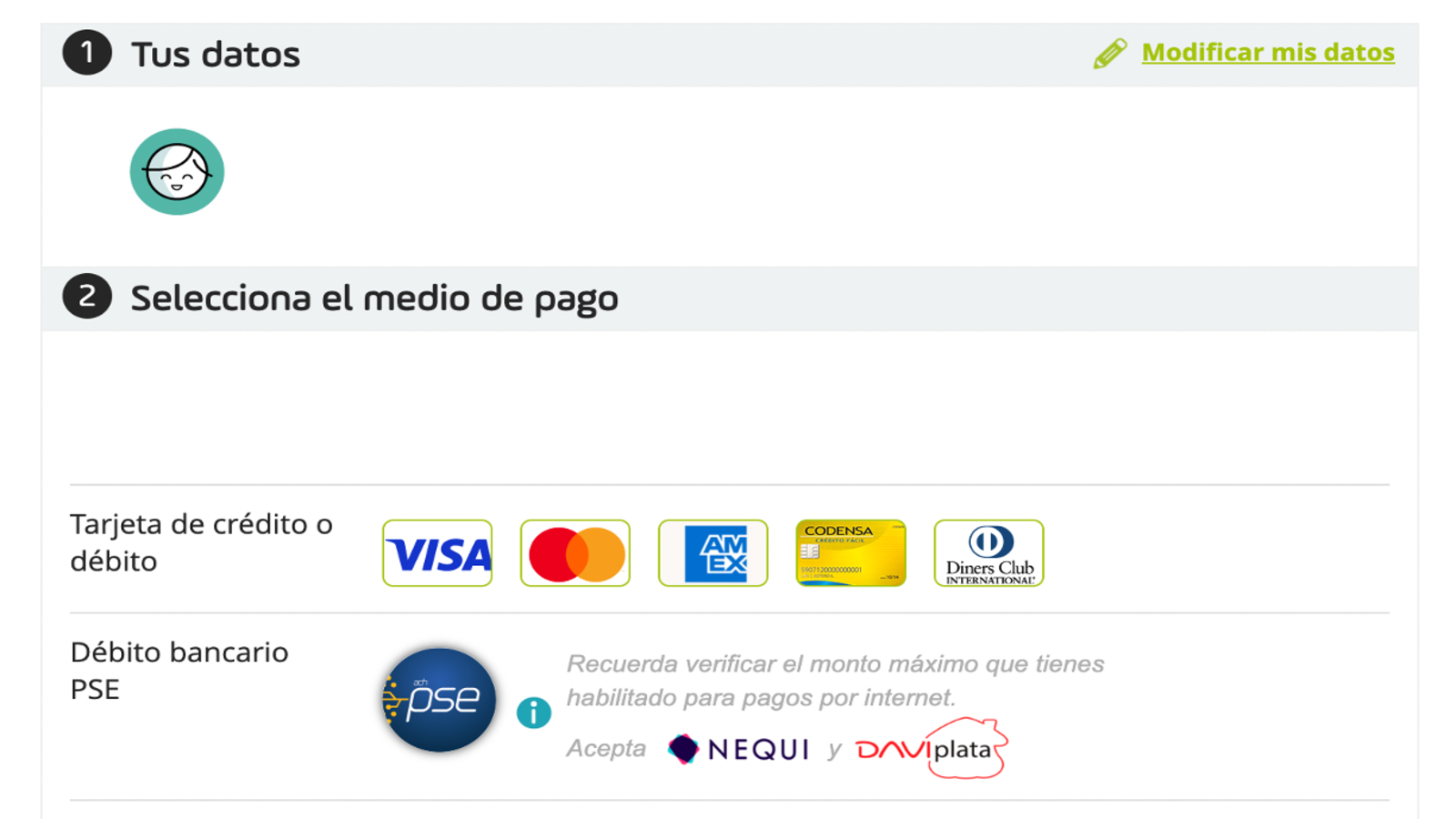 Elige tu medio de pago (Crédito, débito, PSE, Cash)