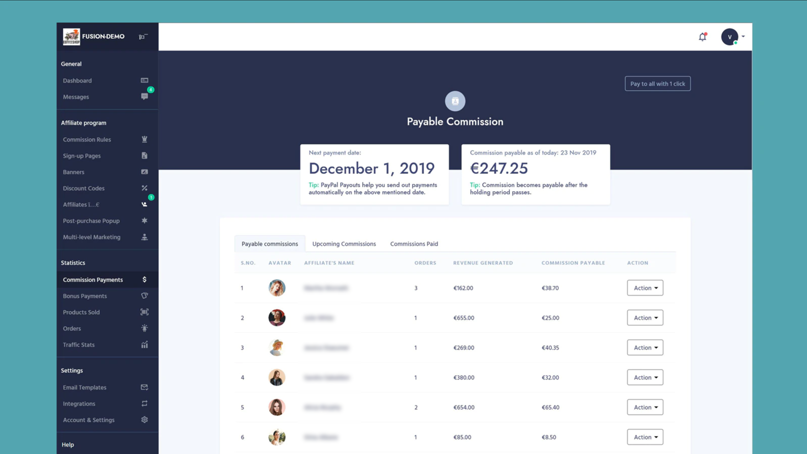 Lista de comisiones a pagar. Aplicación Fusion Affiliates.