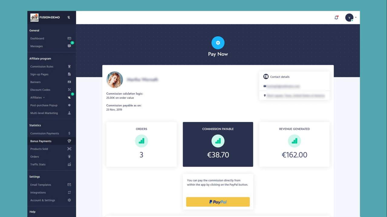 Payer les commissions. Application Fusion Affiliates.