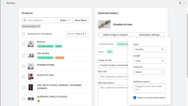 Configuraciones de generación para la creación de contenido