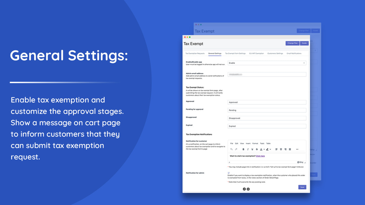 Configuración general de exención de impuestos