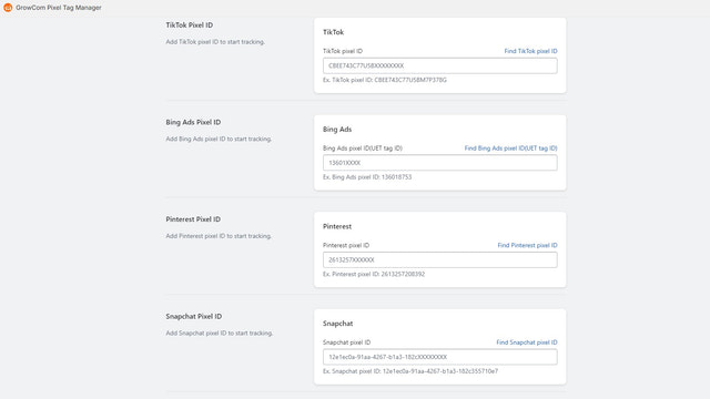 App Settings for TikTok Pixel, Bing Ads Pixel & Pinterest Pixel