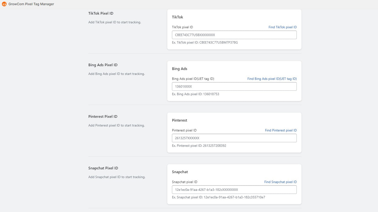 App Settings for TikTok Pixel, Bing Ads Pixel & Pinterest Pixel