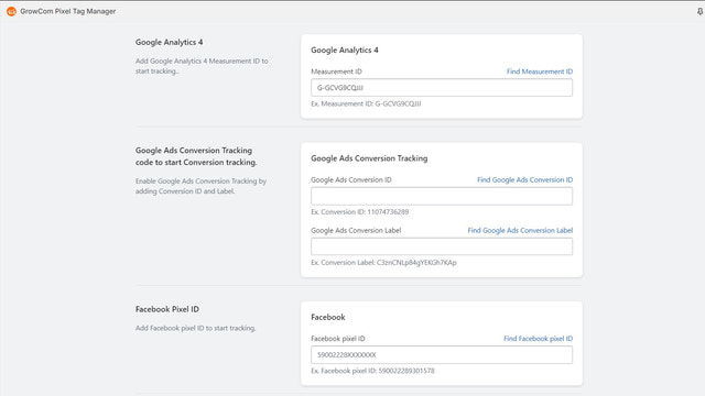 Configuraciones de la aplicación para Google Analytics 4, Google Ads y Facebook