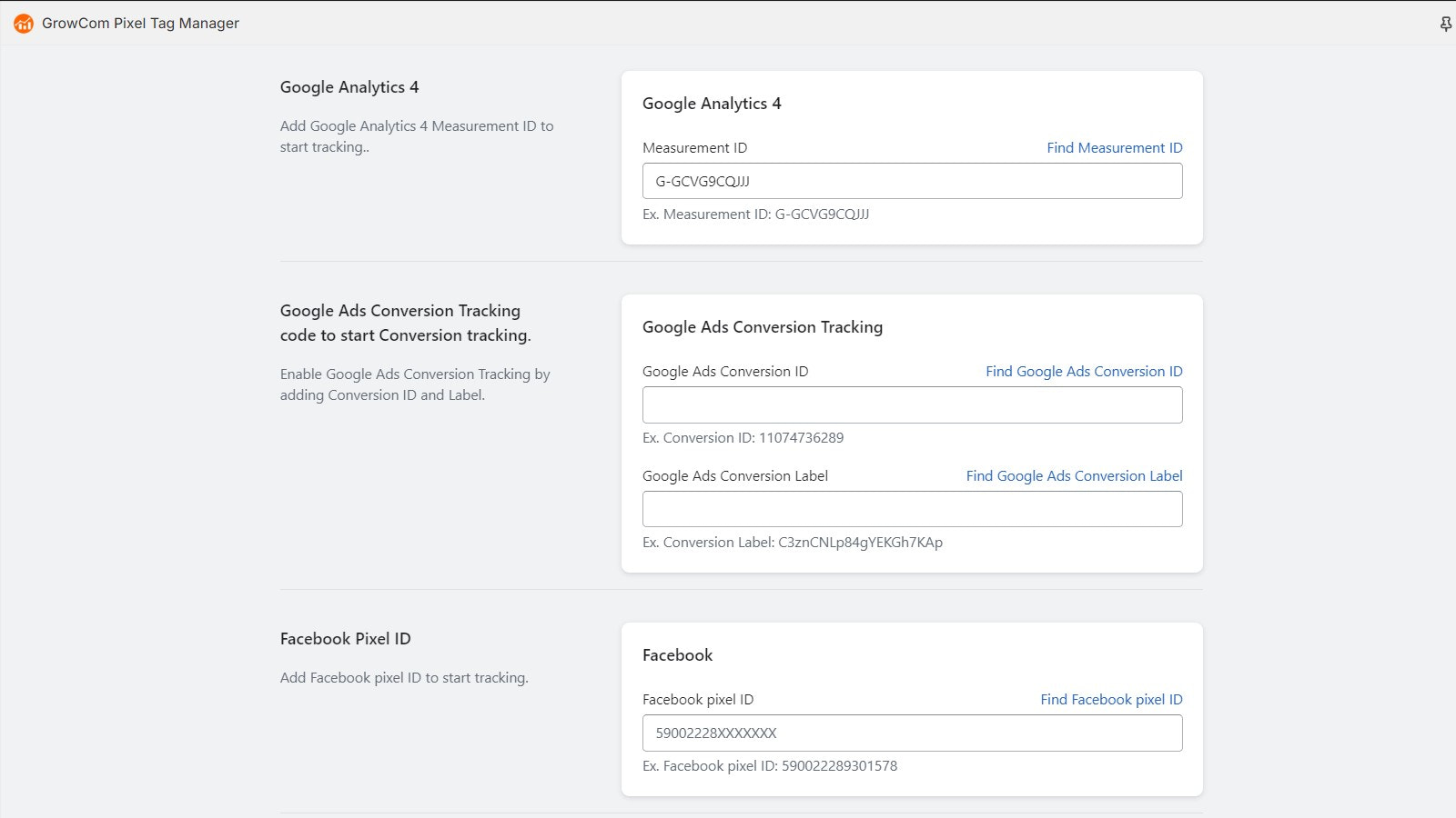 Paramètres de l'application pour Google Analytics 4, Google Ads et Facebook