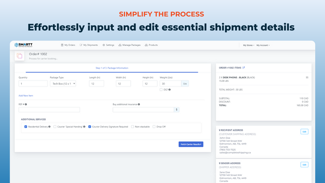 Customize settings, access package and shipper information.