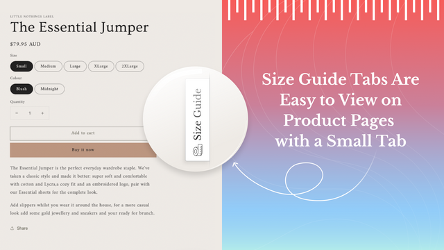 Size Guide tabs are easy to view on product pages