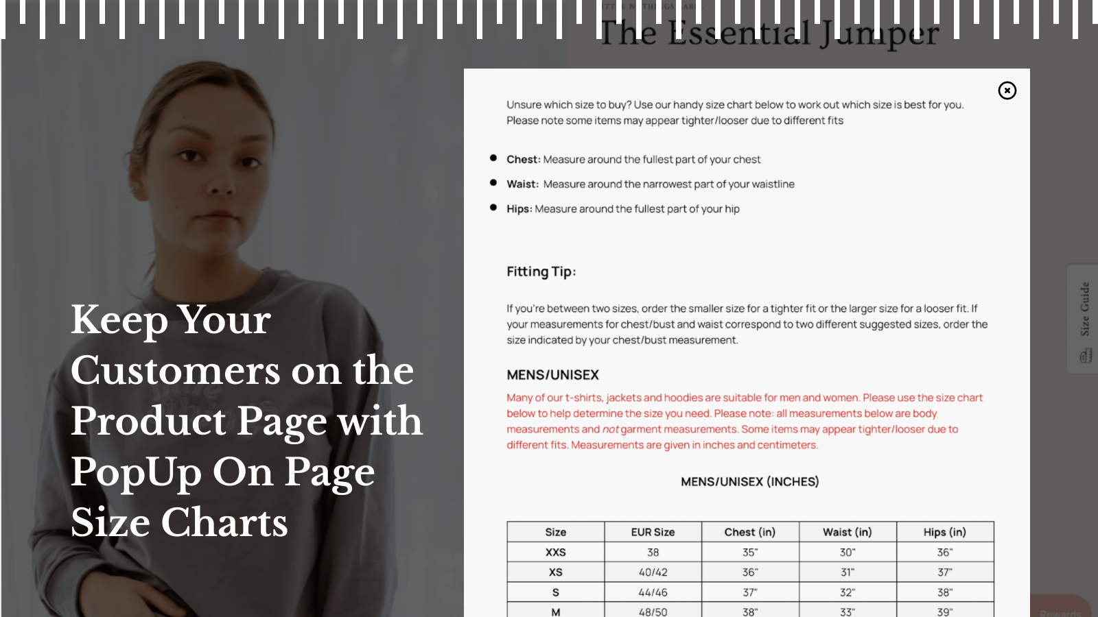 Pop Up on page Size Charts on Product pages