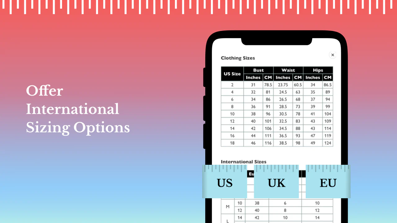 Size charts and size guides  in all currencies