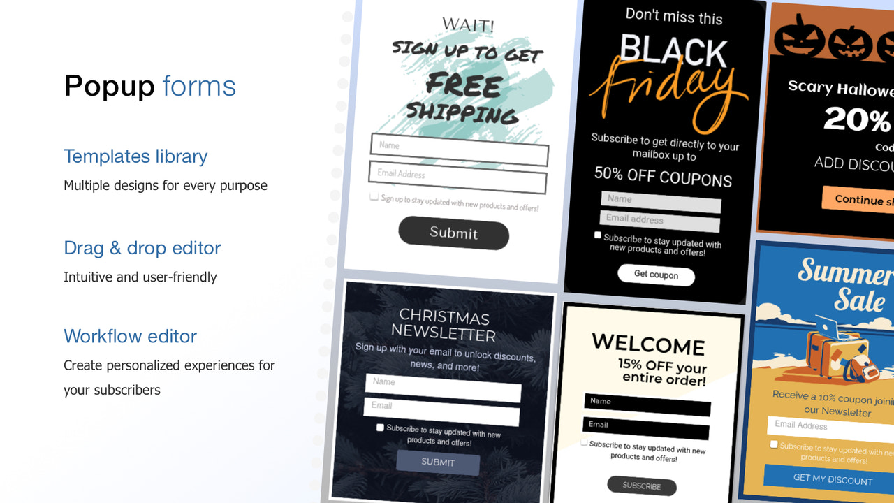 Popups, Exit intent, subscription form, welcome popup