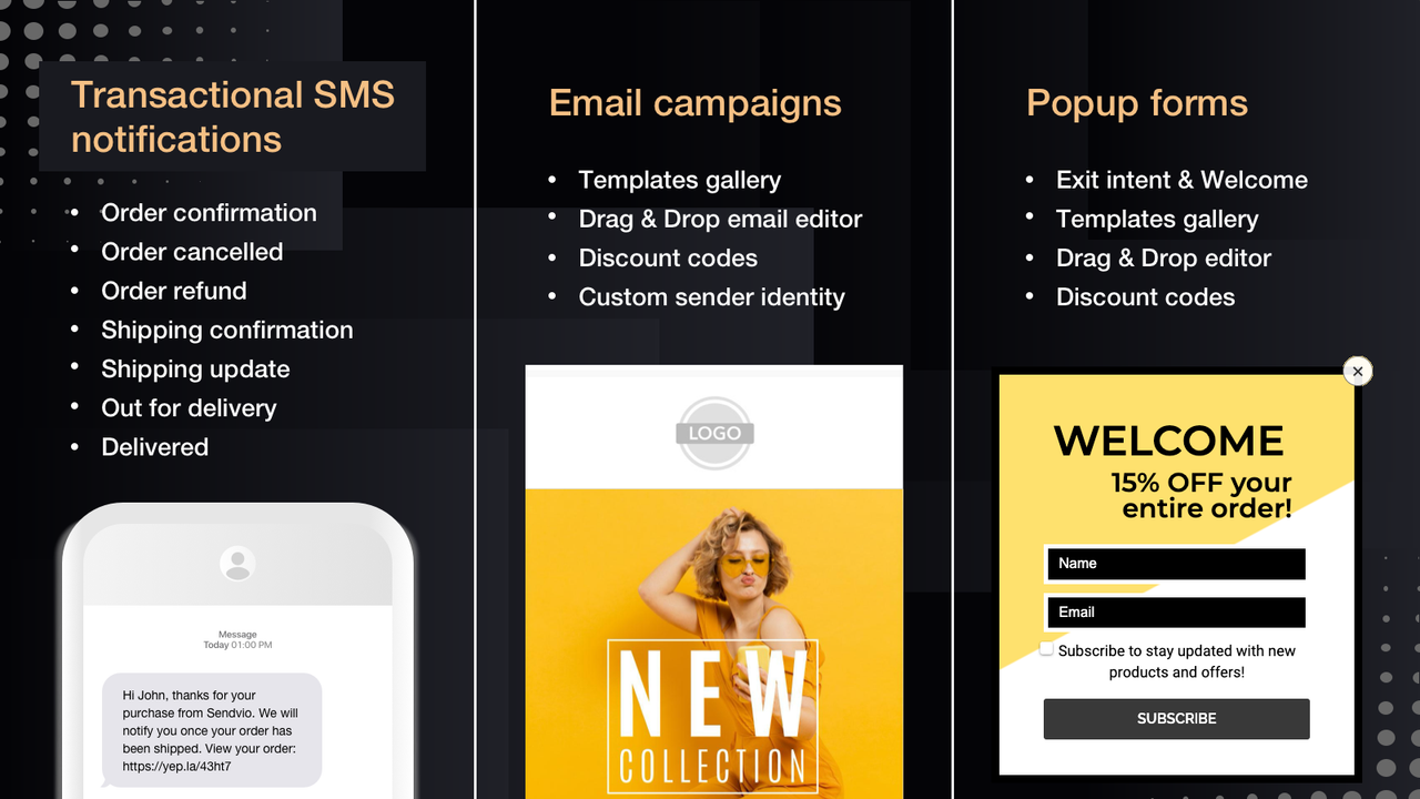 Campanhas de SMS, Email, formulários de pop-up para Shopify