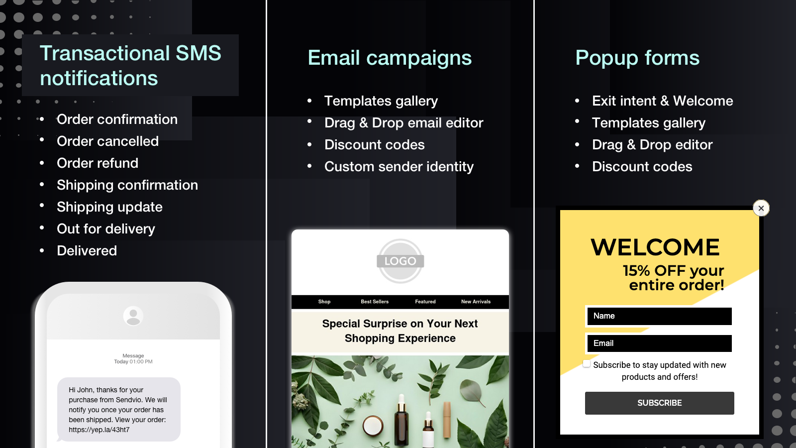 Campanhas de SMS, e-mail, formulários pop-up para Shopify