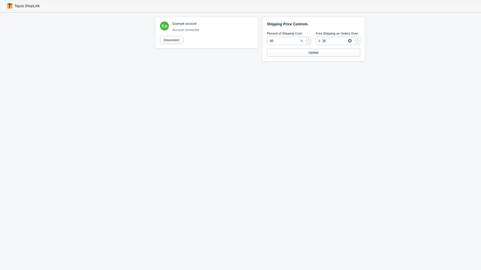 Dashboard med kontroller for konto synkronisering og leveringspriser