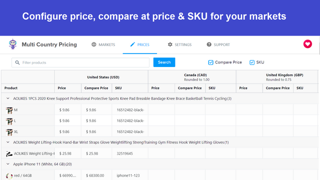 Définissez des prix différents dans l'application Multi Country Pricing 
