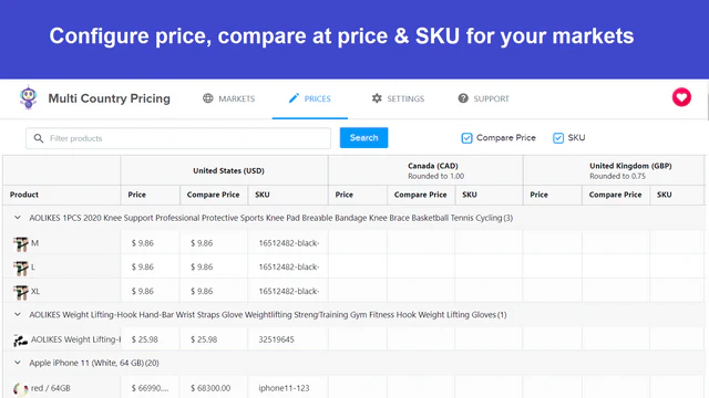 在 Multi Country Pricing 应用中设定不同的价格