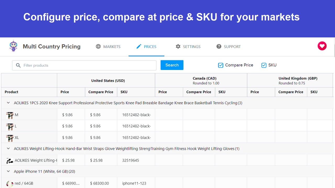 Set different prices in Multi Country Pricing App 
