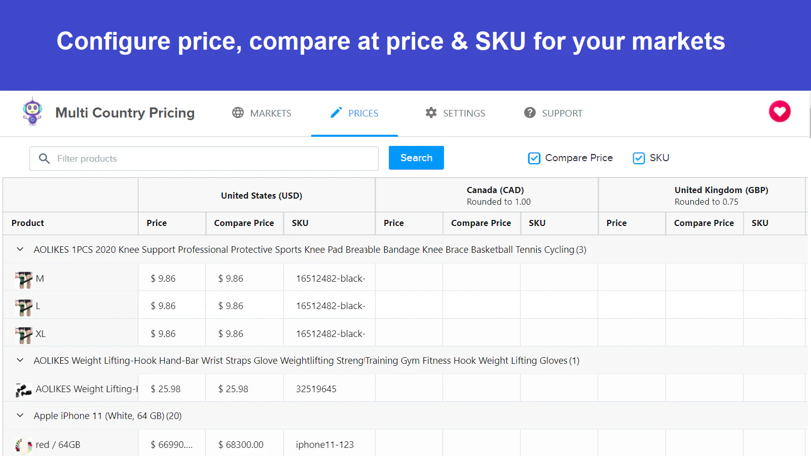 Set different prices in Multi Country Pricing App 