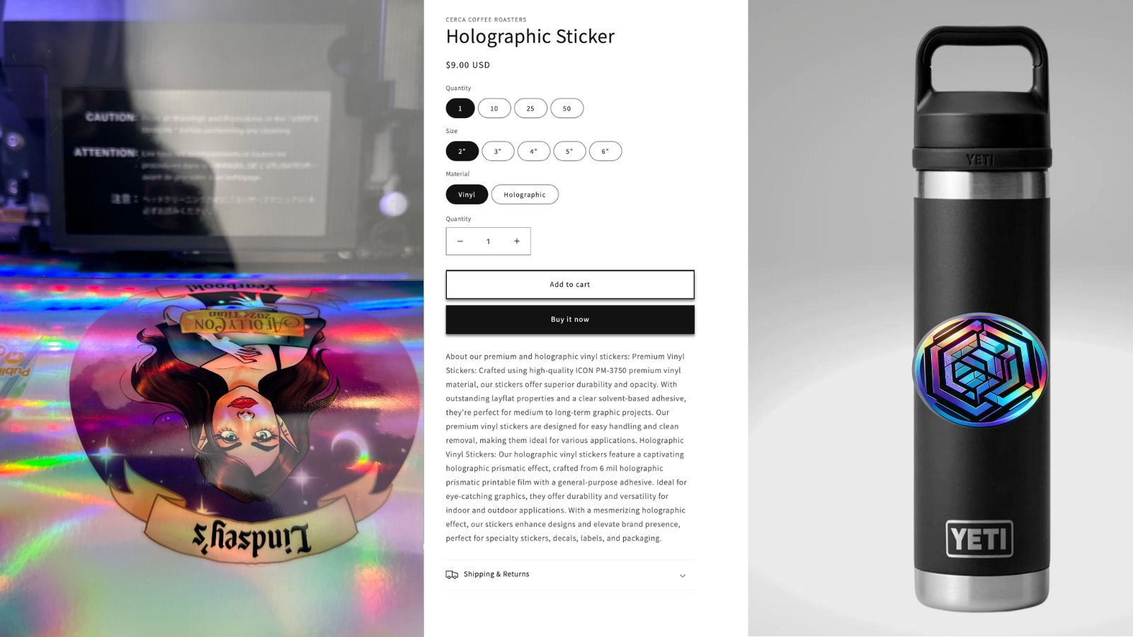 Holographic & vinyl sticker options for your customers.