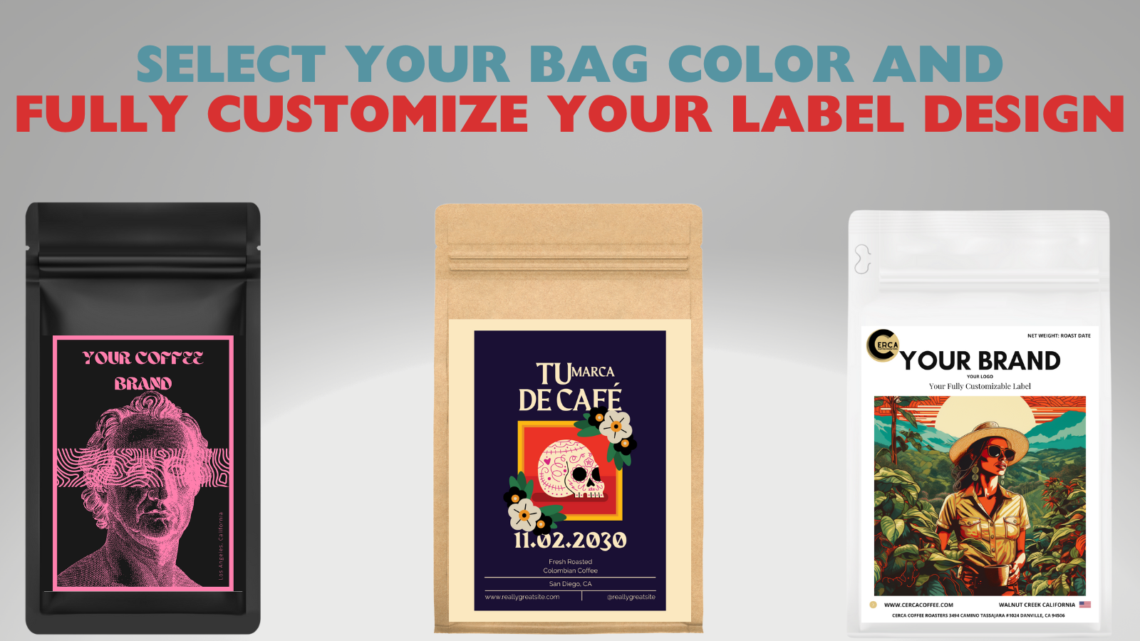 Sélectionnez la couleur de votre sac et personnalisez entièrement le design de votre étiquette.